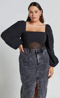 Lincy Bodysuit - Puff Long Sleeve Mesh Waist Detail Bodysuit in Black