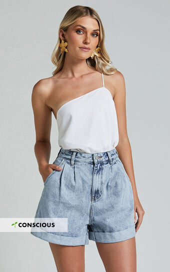Amalie The Label - Jaylin Recycled Cotton High Waisted Denim Shorts in Light Blue Wash