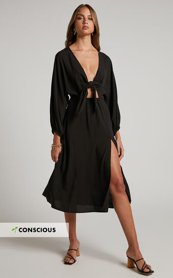 Tyricia Midi Dress - Long Sleeve Tie Front Cut Out Dress in Black