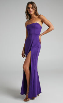 Sarisa Midi Dress - Strapless Thigh Split Dress in Purple