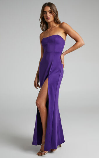 Sarisa Midi Dress - Strapless Thigh Split Dress in Purple