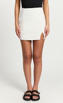 Mindy Mini Skirt - Linen Look A Line Side Split Skirt in White