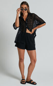Badeth Two Piece Set - Crochet Knit Button Through Short Sleeve Shirt and Shorts Set in Black