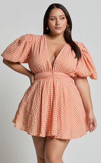 Xandy Mini Dress - Textured Puff Sleeve Plunge Dress in Peach