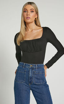 Audrey Top - Long Sleeve Square Neck Ruched Bodice in Black