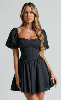 Souza Mini Dress - Fit and Flare Puff Sleeve Corset Dress in Black