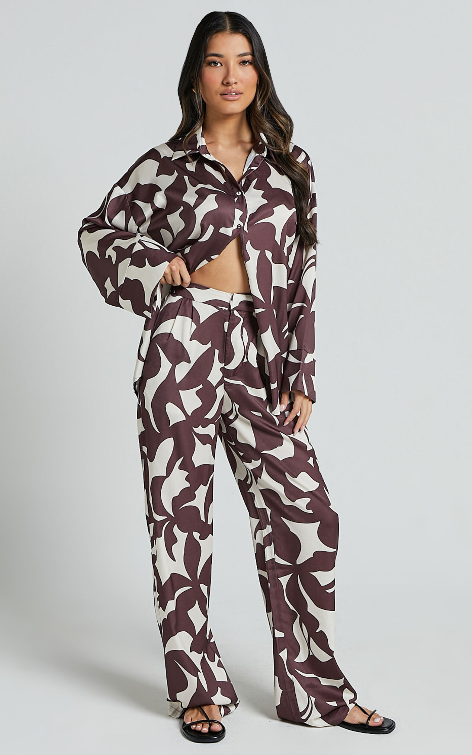 Janissa Pants - High Waisted Wide Leg Pants in Brown Floral - 04, NEU1