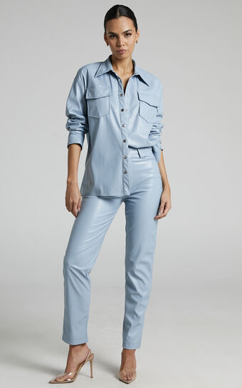 Dilyene Pants - Mid Waist Straight Leg Faux Leather Pants in Blue