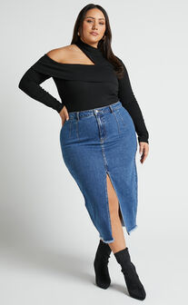 Janeve Midi Skirt - Front Split Denim Skirt in Dark Blue