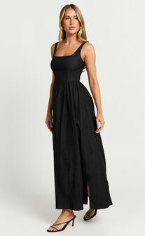 Rhaziya Midi Dress - Sleeveless Straight Neck Fit and Flare Dress in Black
