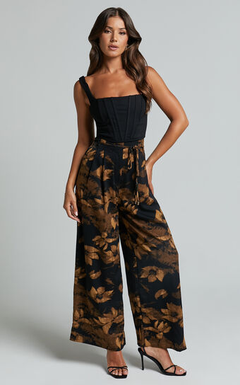 Etta Pants - High Waist Wide Leg Satin Pants in Amber Floral Print
