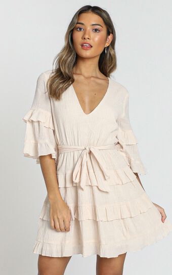 Meet Me In The Sun Tie Waist Tiered Mini Dress in Natural