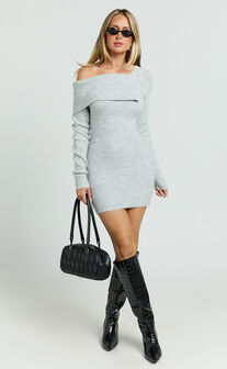 Tess Mini Dress - Asymmetric Off Shoulder Long Sleeve Knit Dress in Light Grey Marl