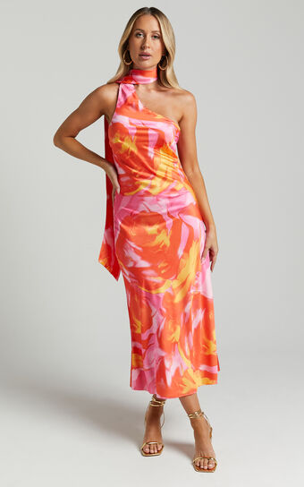 Sophia Midi Dress - Asymmetrical Neck Tie Satin Dress in Pink Swirl