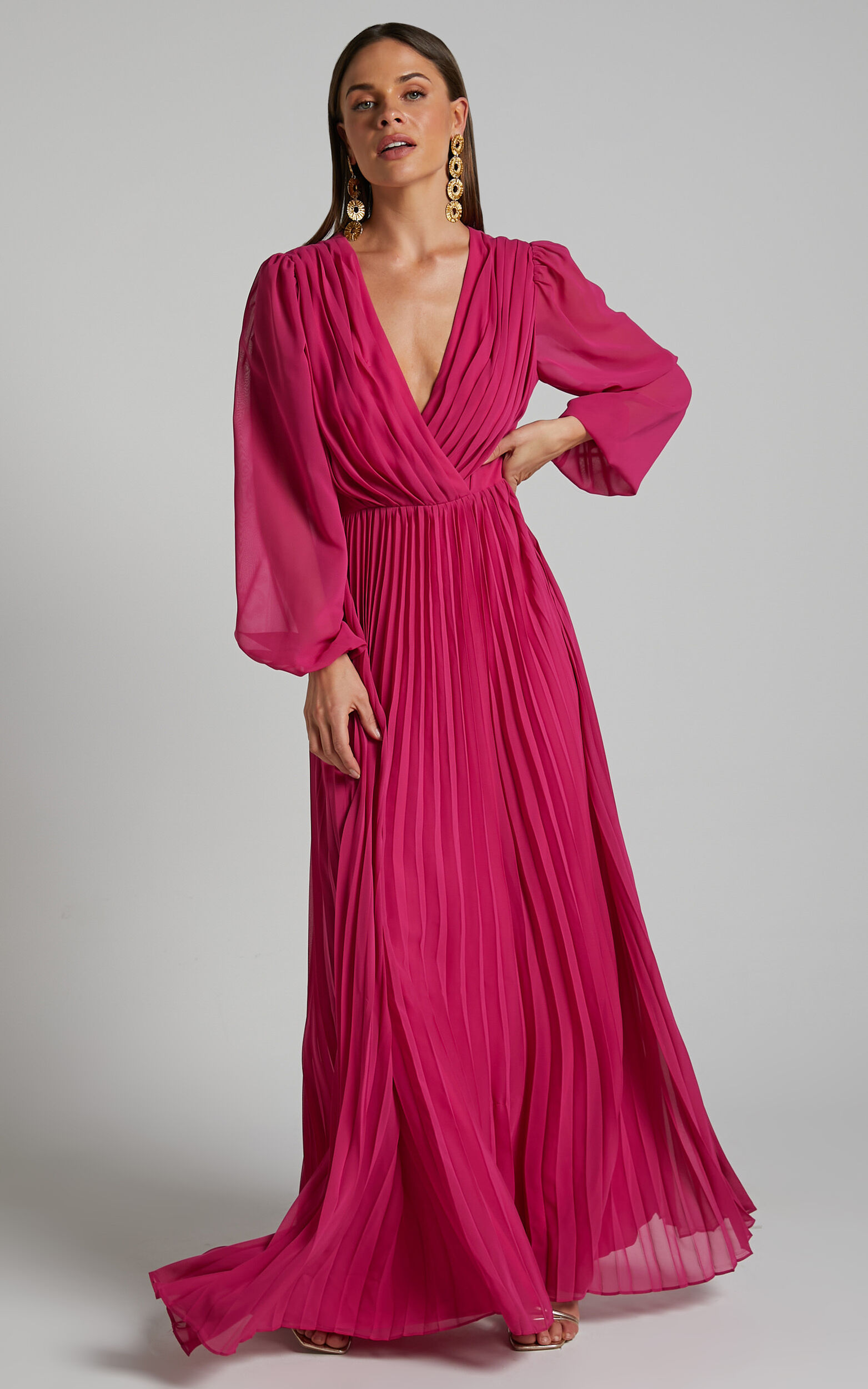Palatine Maxi Dress - Long Sleeve Wrap Pleated Dress in Pink