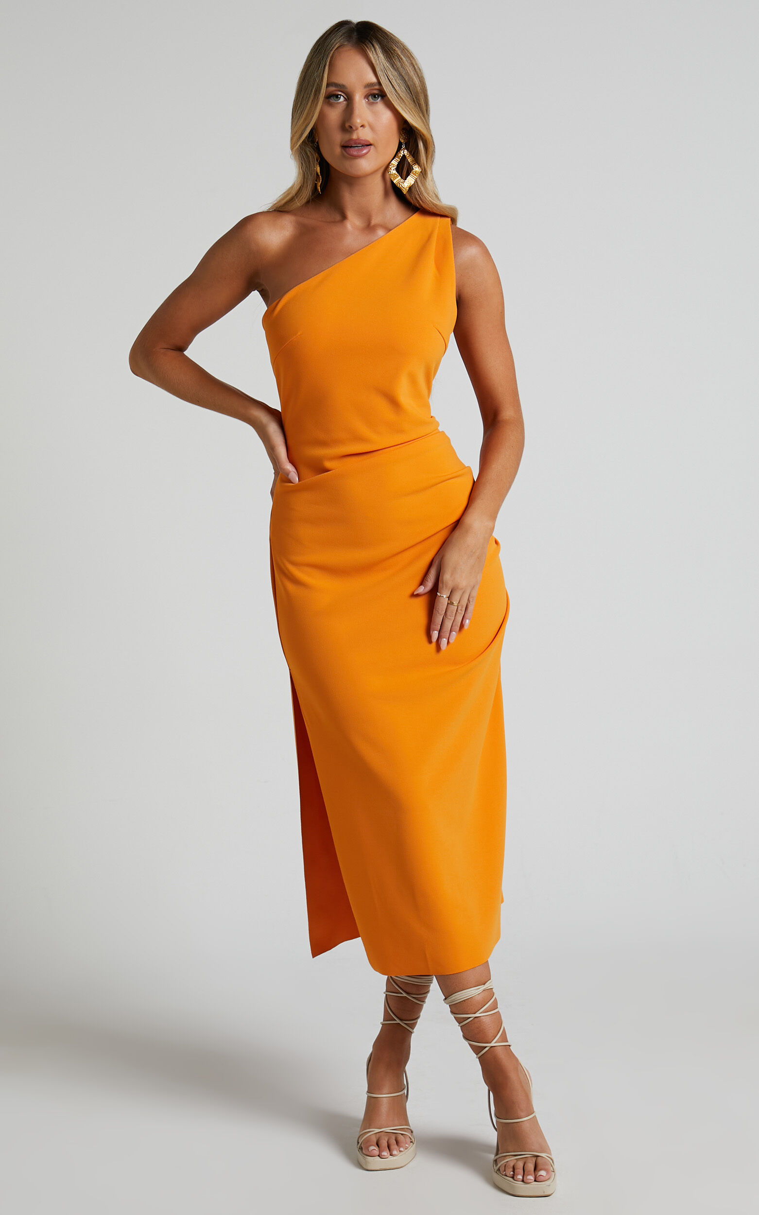 Monette Midi Dress One Shoulder Straight Dress in Orange Showpo USA