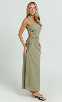Myra Maxi Dress - Halter Ruched Side Dress in Olive