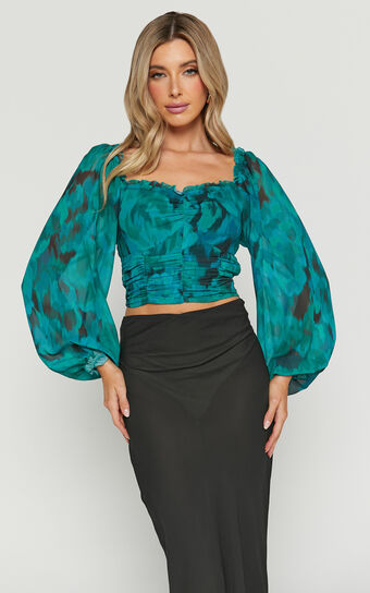 Clabelle Top - Long Sleeve Ruched Sweetheart Top in Emerald Blur Floral