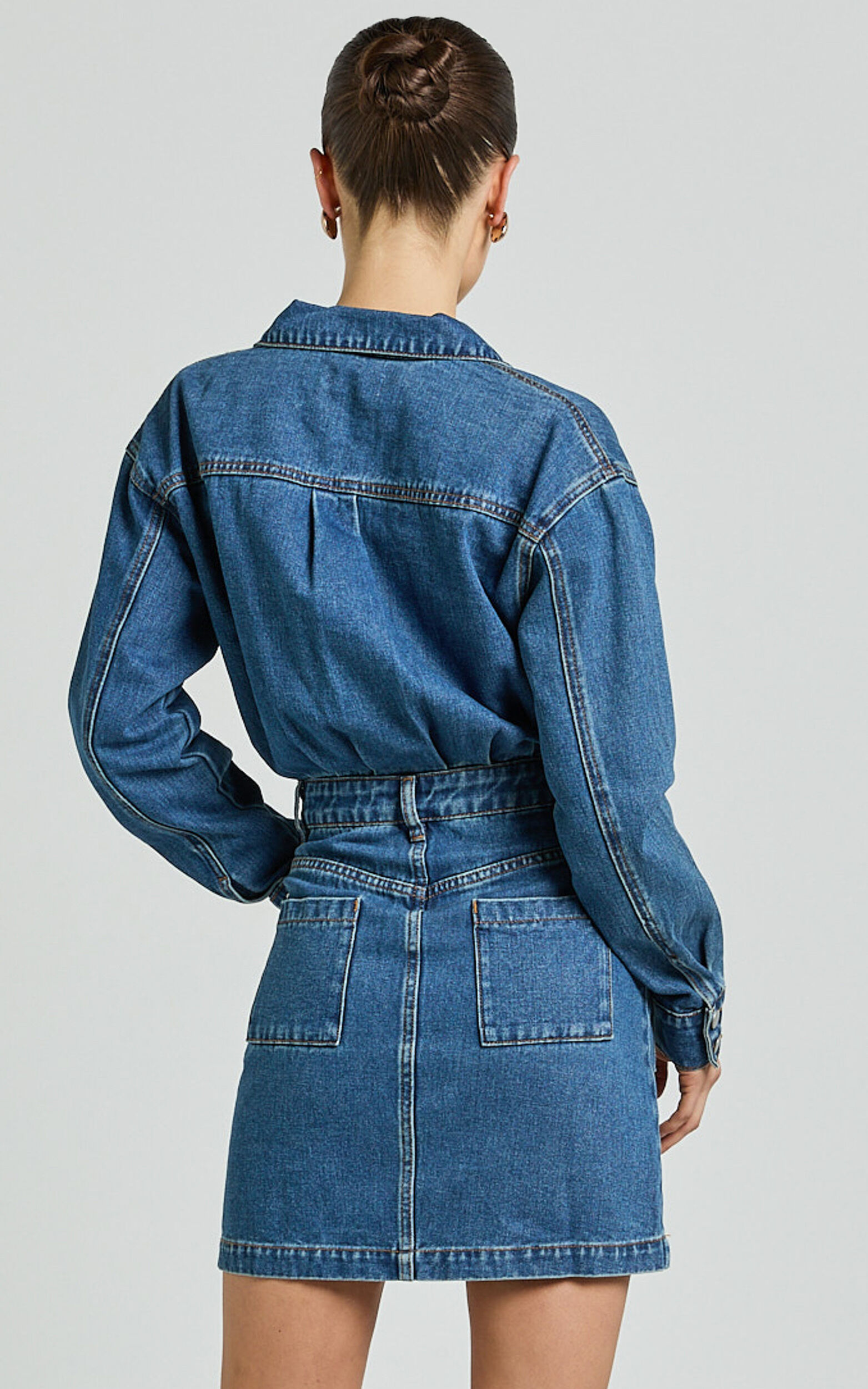 Kamala Mini Dress - Long Sleeve Button Through Denim Dress in Dark Blue ...