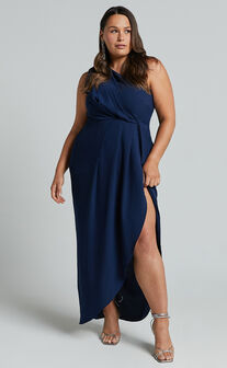 Namaari Midi Dress - Faux Wrap One Shoulder Dress in Navy