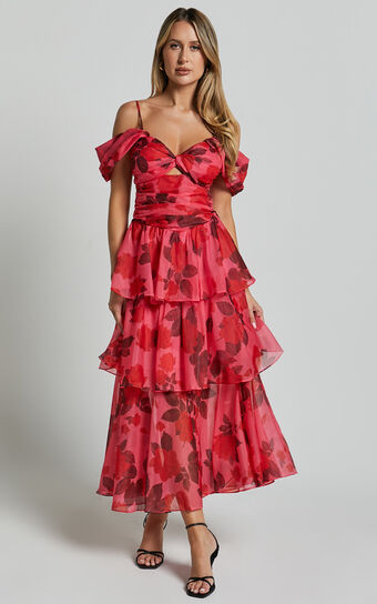 Xena Midi Dress - Off The Shoulder Cut Out Front Layered Dress in Pink Print