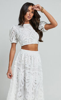 Sveta Two Piece Set - Lace Short Puff Sleeve Open Back Crop Top and Midi Skirt Set in White