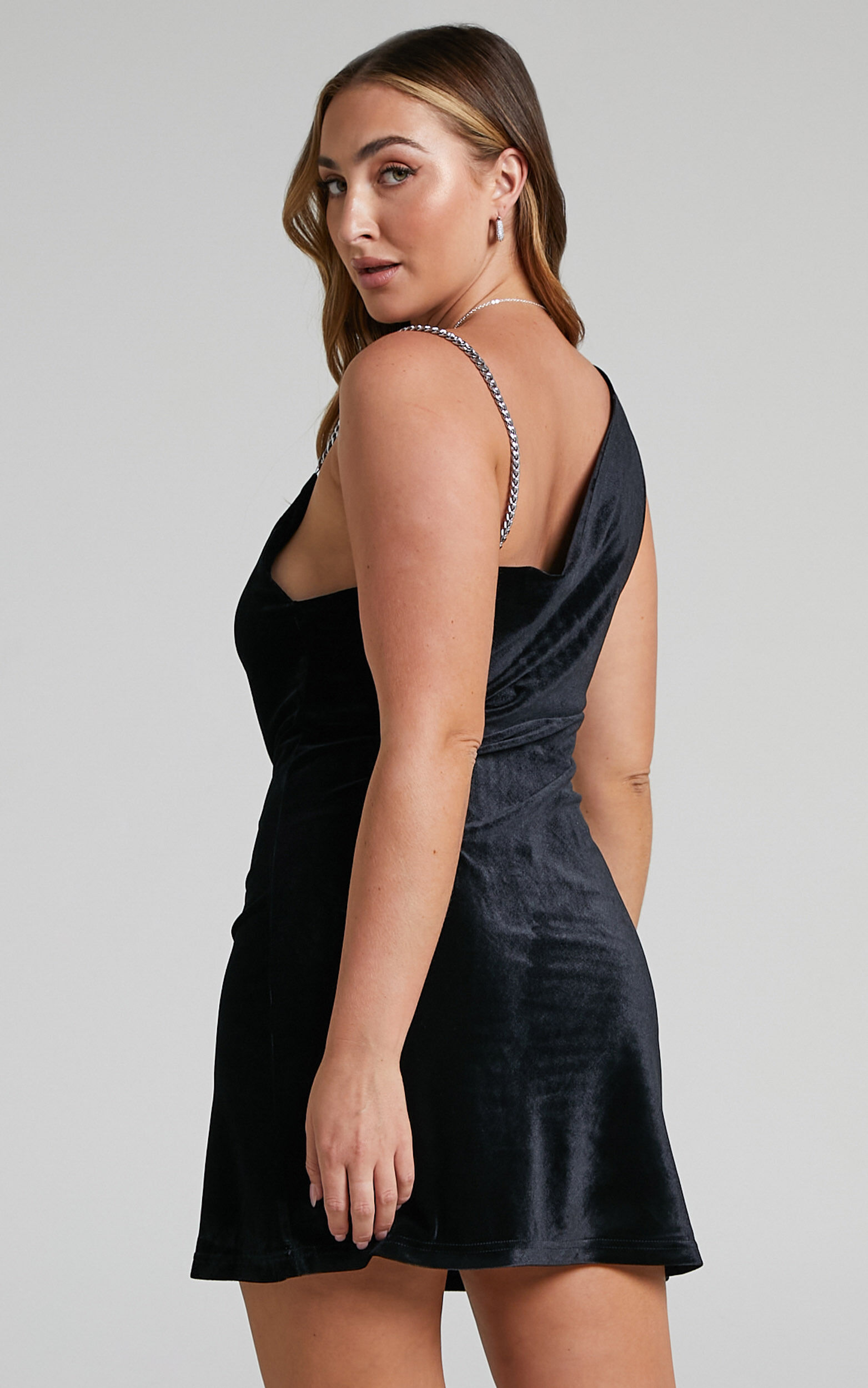 Asher Mini Dress - Asymmetric Neckline Chain Strap Velvet Asher Mini Dress - Asymmetric Neckline Chain Strap Velvet