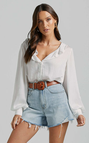 Camillia Top - Frill V Neck Long Blouson Sleeve Button Through Blouse in White