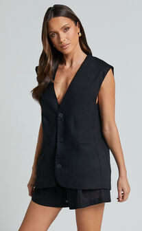 Marlee Two Piece Set - Linen Button Through Vest and Shorts Set in Black