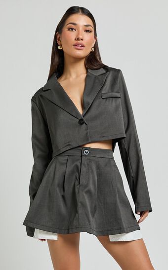 Zora Two Piece Set - Cropped Blazer and Pleated Mini Skirt Set in Charcoal