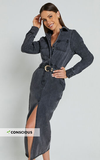 Alison Midi Dress Long Sleeve Front Split Denim in Washed Black Showpo Sale