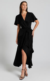 Glena Midi Dress - V Neck Short Flutter Sleeve Wrap in Black