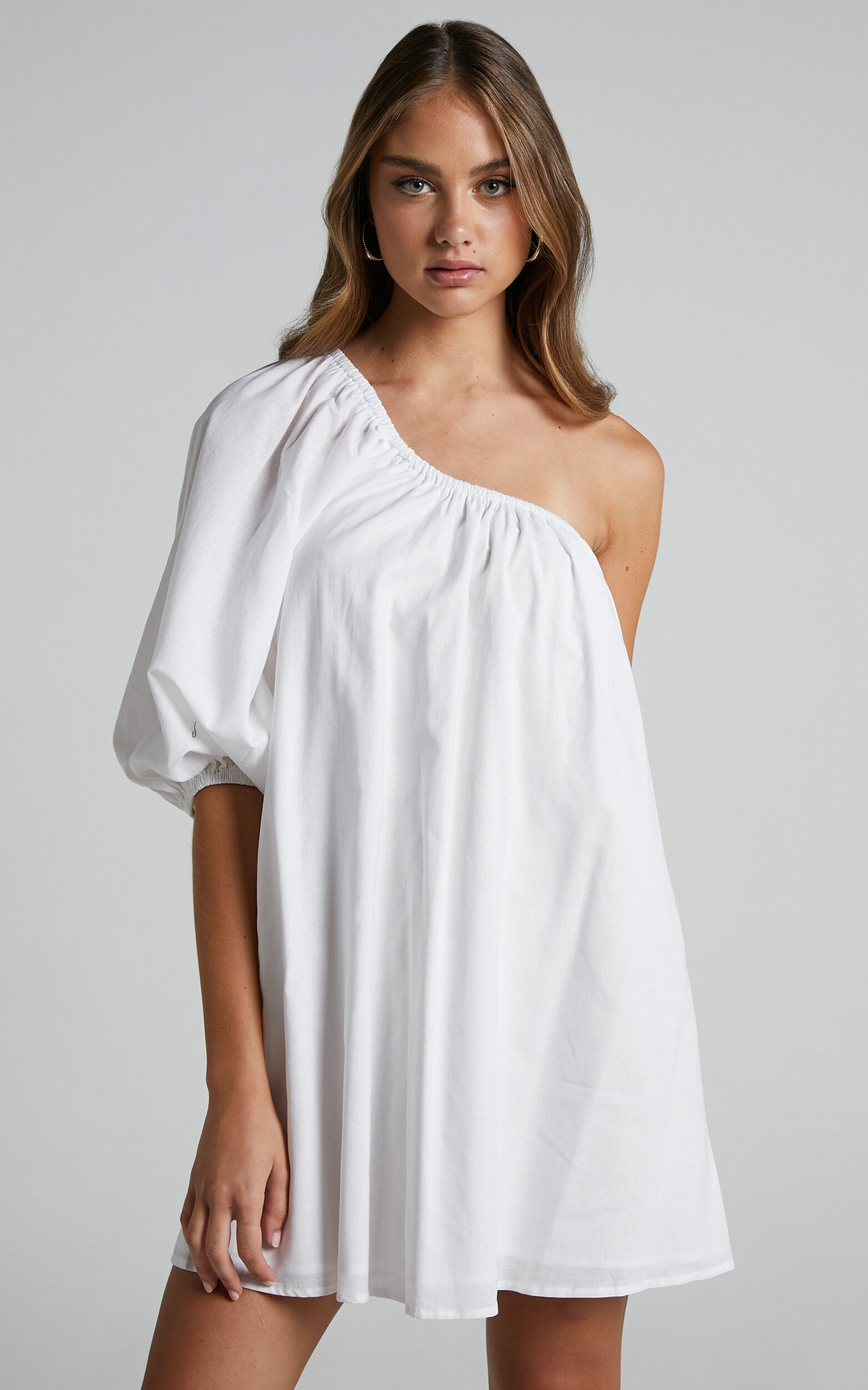Estella Mini Dress - One Shoulder Puff Sleeve Shift Dress in Estella Mini Dress - One Shoulder Puff Sleeve Shift Dress in