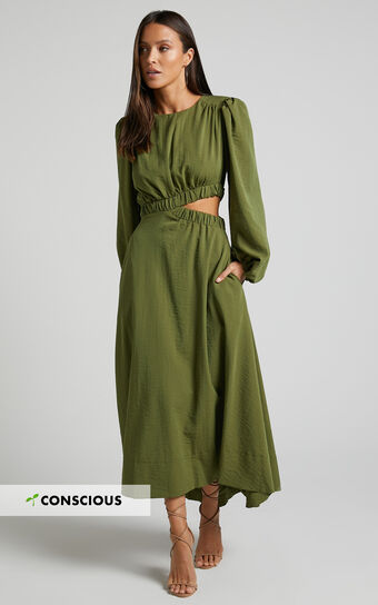 Claire Midi Dress - Linen Look Long Sleeve Scoop Neck Side Cut Out Dress in Khaki
