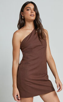 Mardelle Mini Dress - Linen One Shoulder Shift Dress in Chocolate