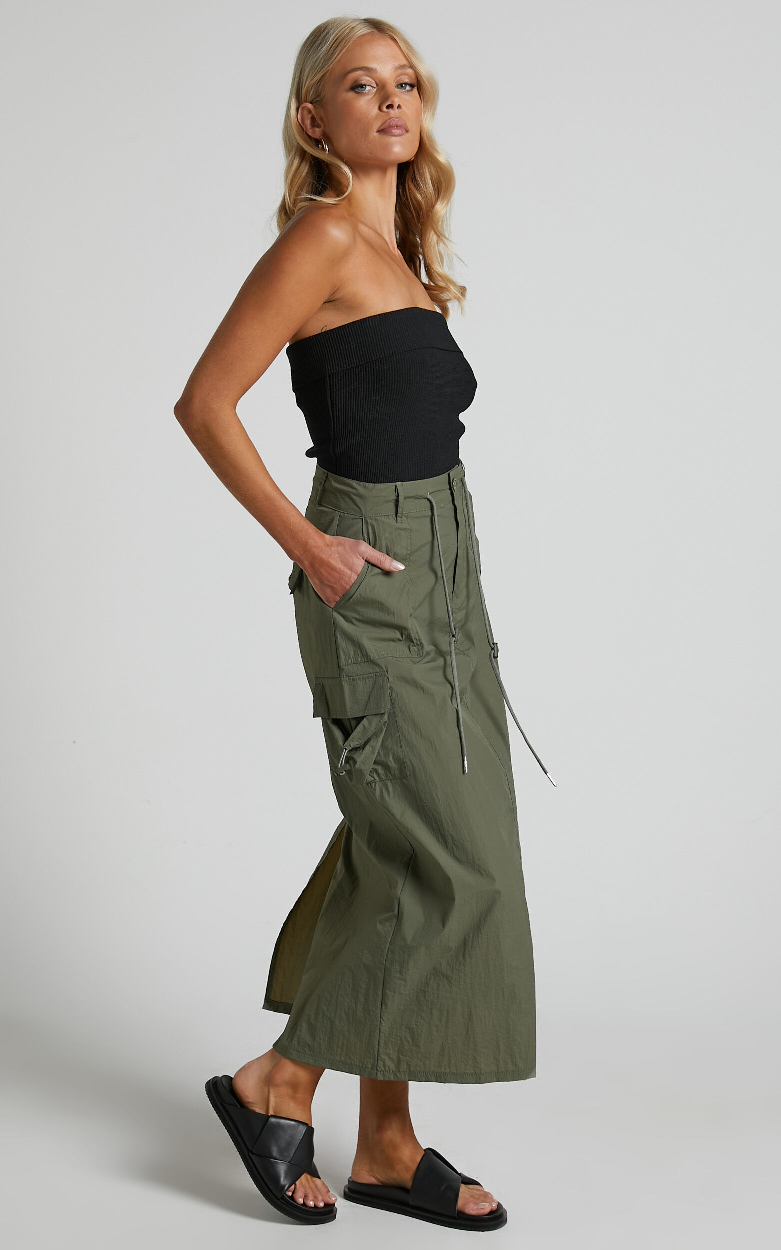 Liscia Midi Skirt Straight Pocket Detailing Cargo Skirt in Khaki Showpo EU