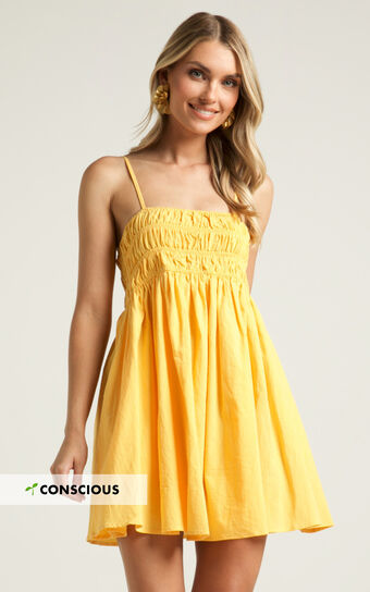 Aicee Mini Dress - Strappy Straight Neck Elastic Bodice in Yellow