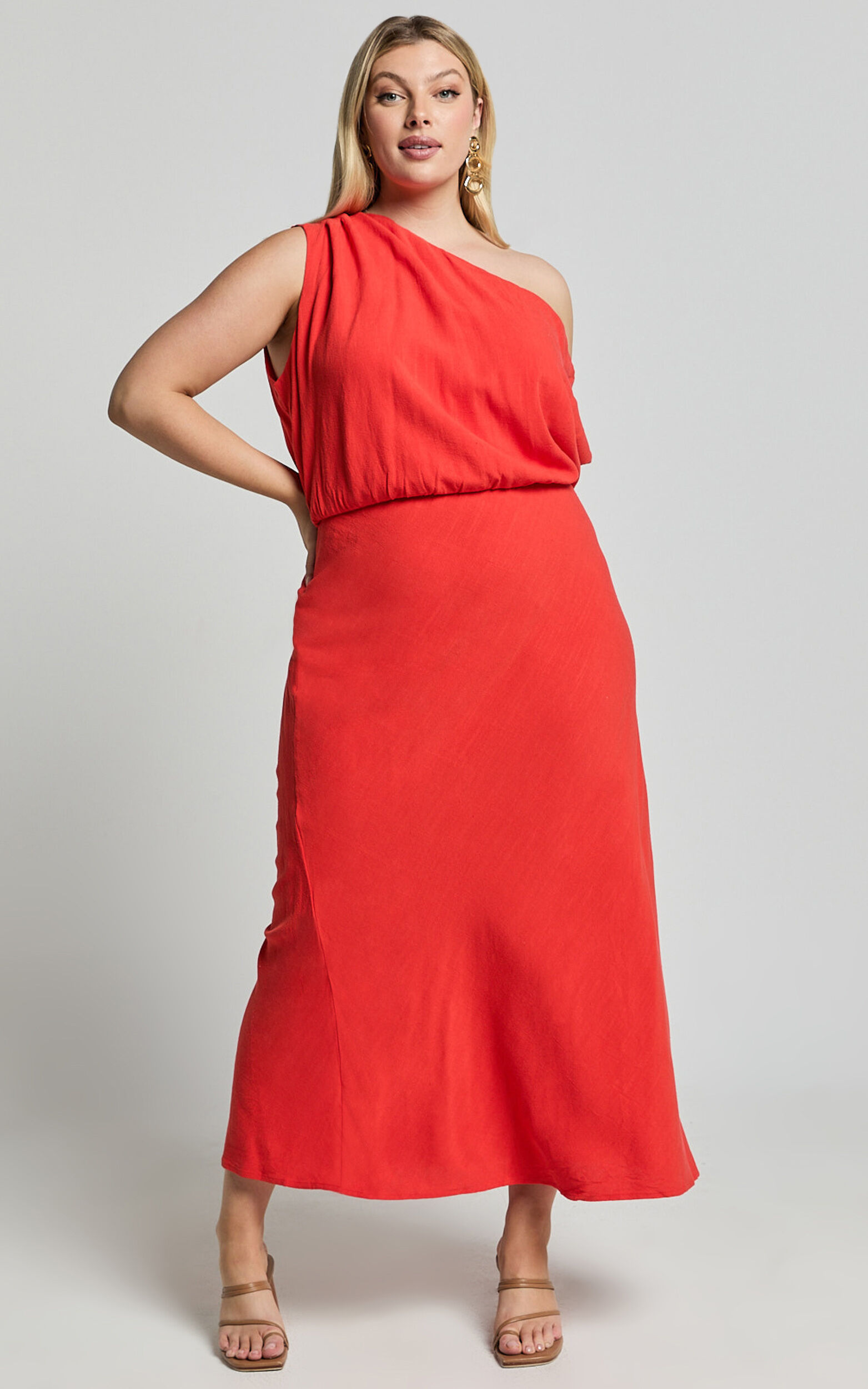 Jacqueline Midi Dress - Linen Look One Shoulder Dress in Sunset | Showpo USA