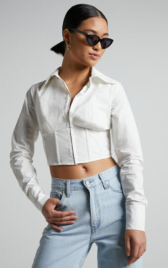 Elenina Shirt - Corset Waist Cropped Shirt in White