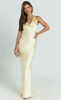 Adilah Maxi Dress - Cowl Neck Satin Dress in Butter Yellow