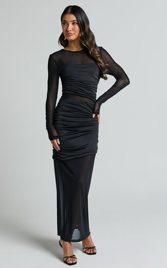 Sahara Midi Dress - Long Sleeve Mesh Dress in Black