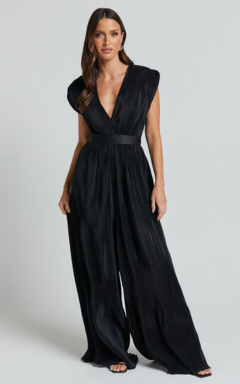 Lina Jumpsuit - Plunge Neck Pleated Wide Leg Jumpsuit in Black