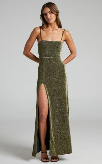Rheannon Midi Dress - Split Mesh Dress in Gold