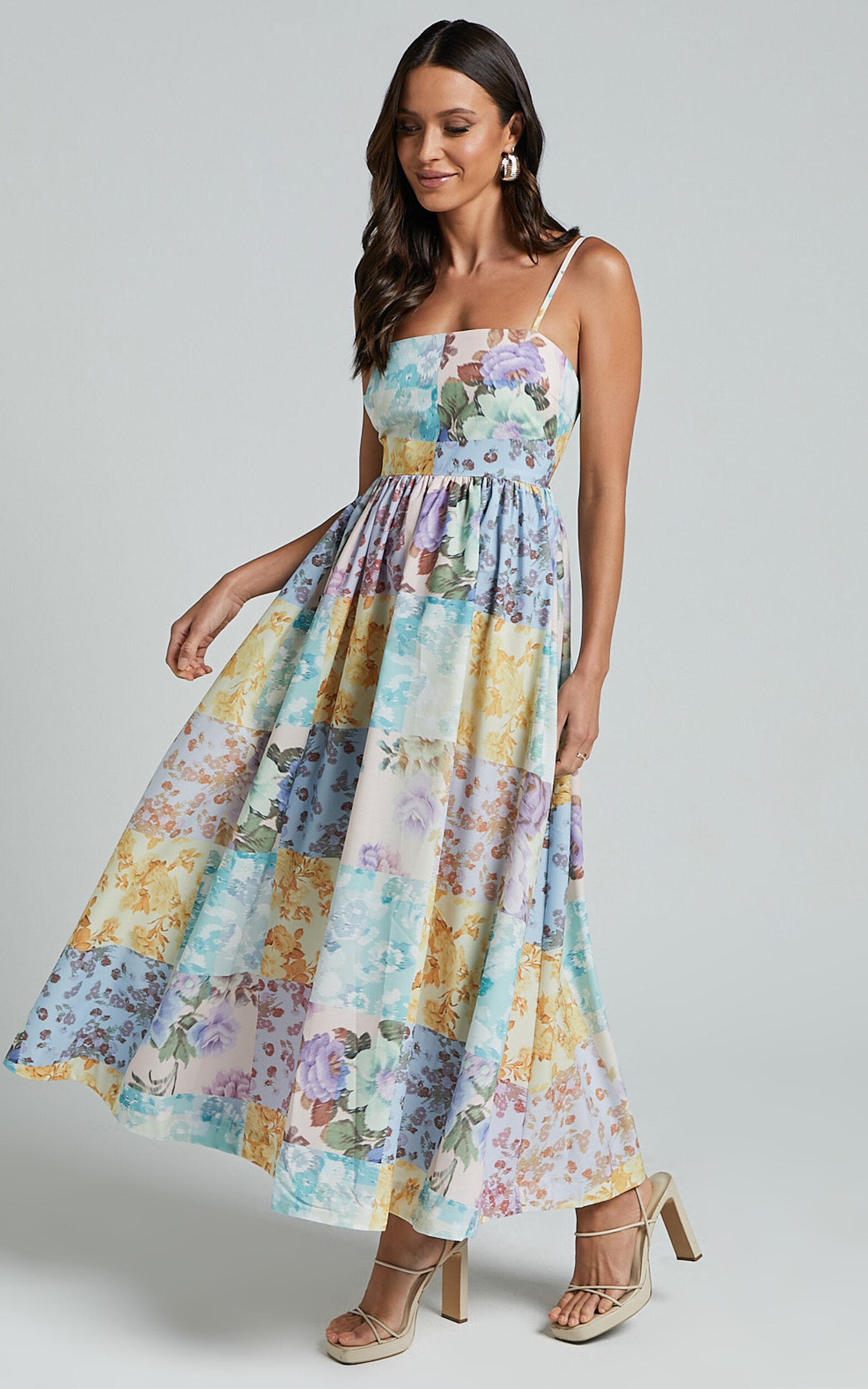 Carolynne Midi Dress - Strappy Empire Waist Dress in Vintage Floral - 06, BLU1