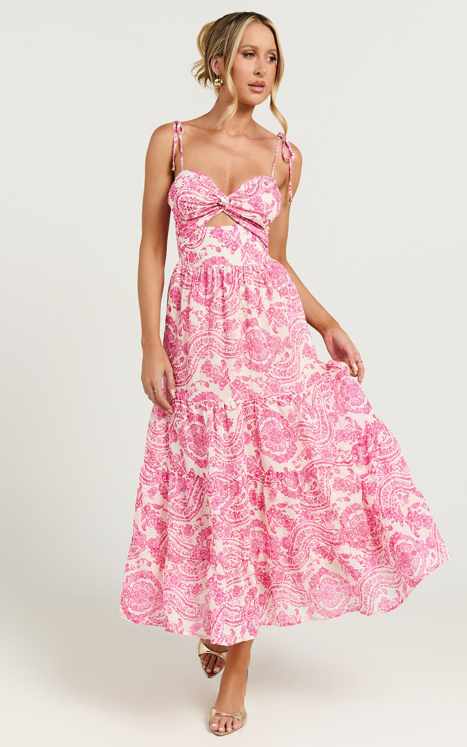 Esmeralda Midi Dress - Strappy Cut Out Tiered Dress in Pink Floral - 06, PNK1