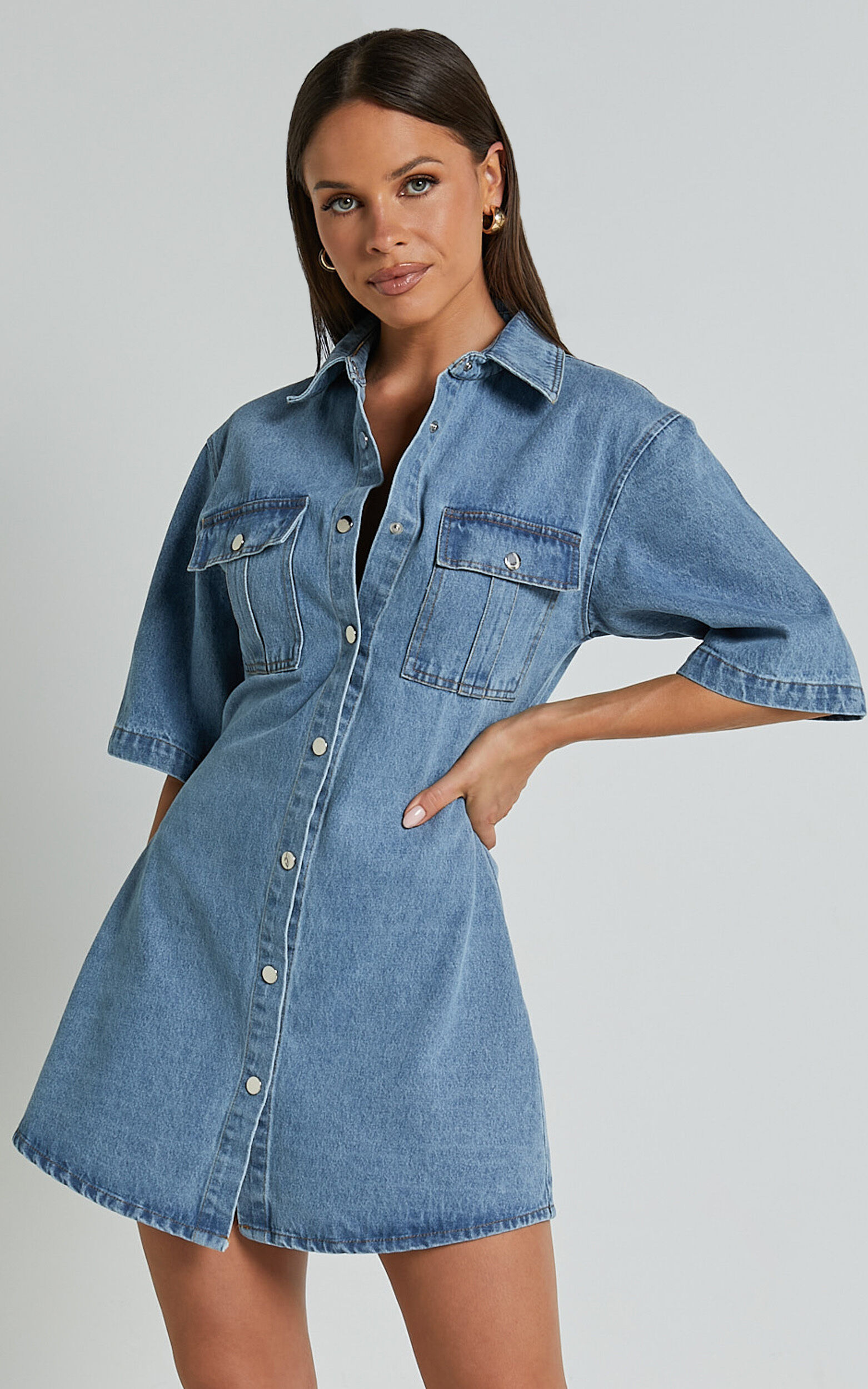 Leilani Mini Dress Denim Short Sleeve Button Up Dress in Mid Blue Showpo USA