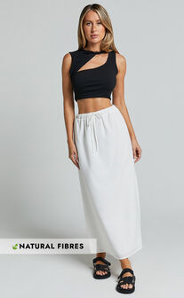 Bree Midi Skirt - Tie Waist Linen Look A Line Skirt in White