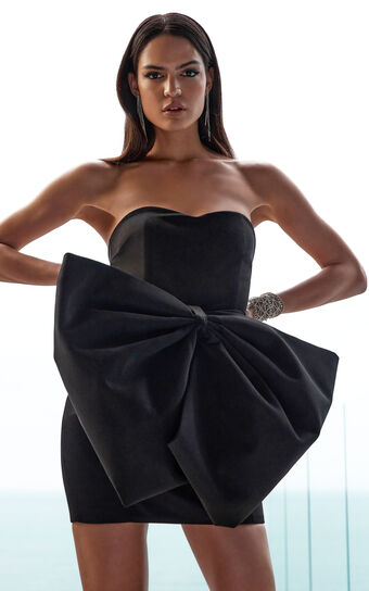 Charmilla Mini Dress - Strapless Bow Front Dress in Black