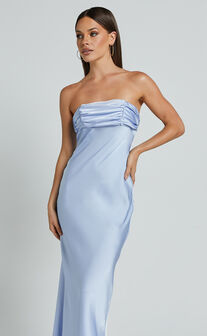 Margot Midi Dress - Gathered Bust Detail Strapless Satin Bias Cut Dress in Light Blue
