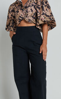 Amalie The Label - Charo Linen Look High Waisted Wide Leg Pants in Black